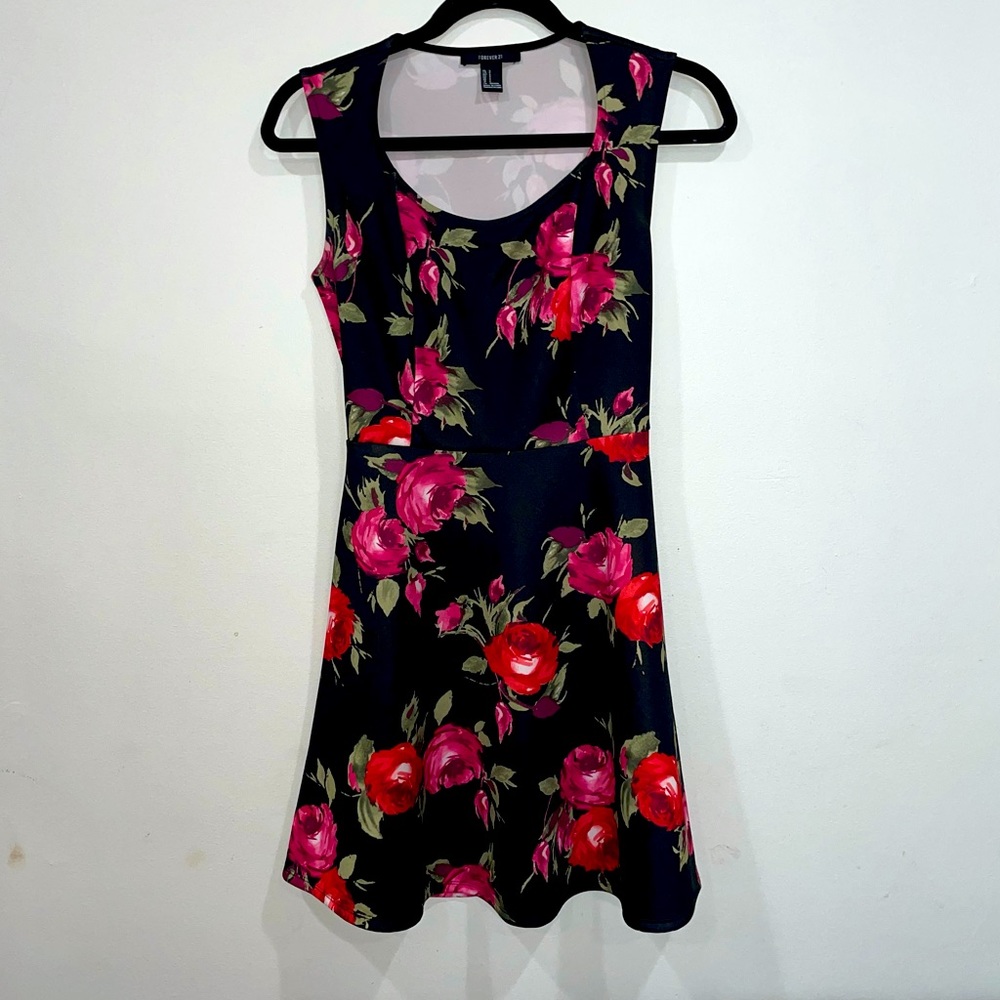 Rose Back Cutout Floral Skater Dress
